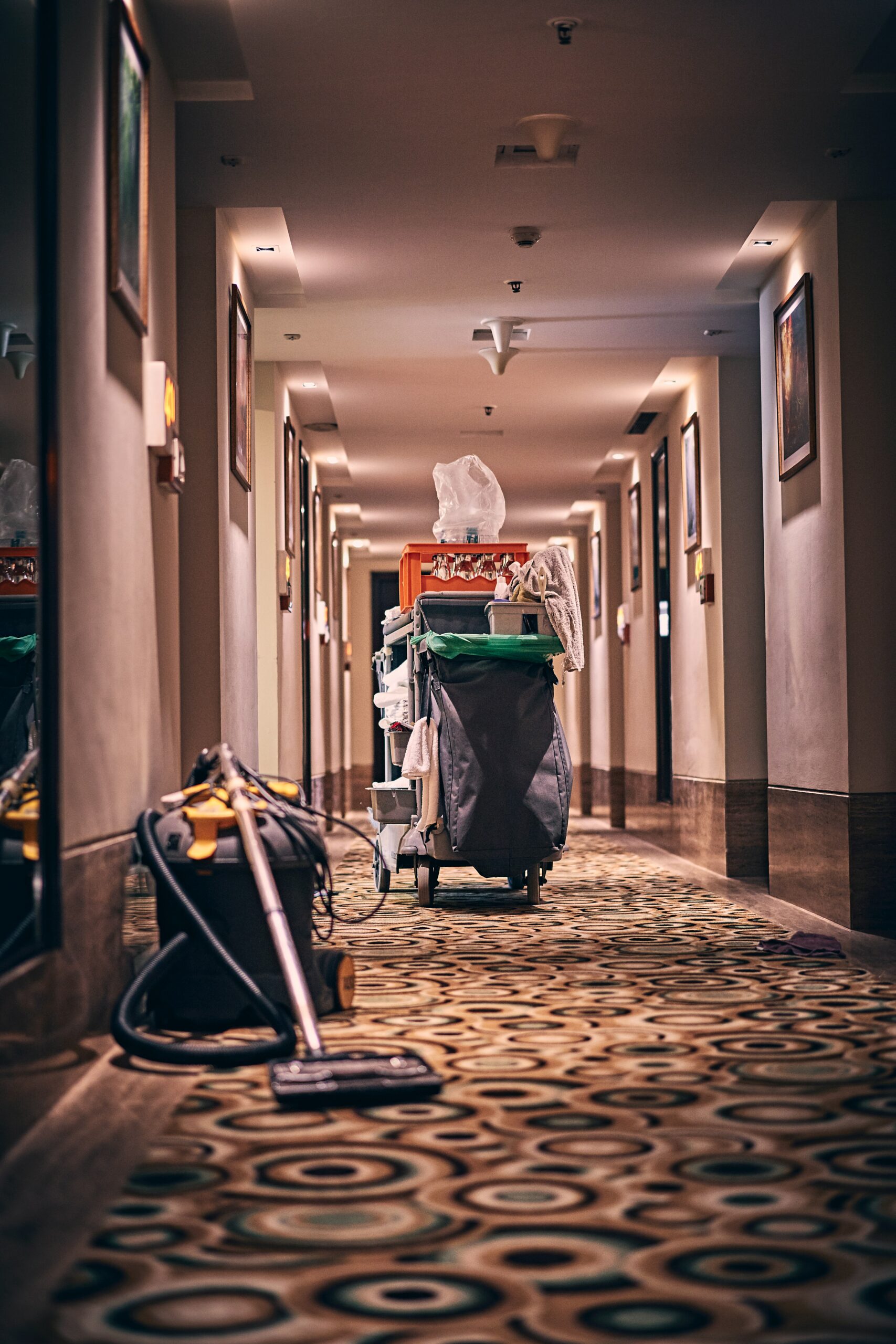 Cleaning equipment in hotel lobby
